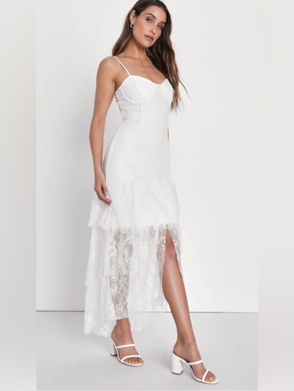 Lulus Elaborate Love White Lace Bustier High-Low Maxi Dress Small NWT